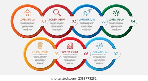 Diseño Infográfico de Negocios Simple, vector
plantilla con líneas, iconos, números y
7 opciones o pasos. Puede utilizarse para diagramas de procesos,
presentaciones, diseños de flujo de trabajo, banners, diagramas de flujo