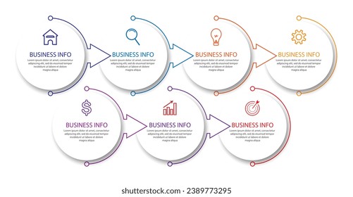 Einfaches Business Infografik-Design, Vektorgrafik
Vorlage mit bunten Linien, Symbolen, Zahlen und
7 Optionen oder Schritte. Kann für Prozessdiagramme verwendet werden,
Präsentationen, Workflow-Layouts, Banner, Flussdiagramme