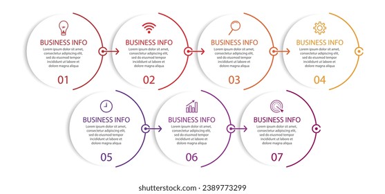Simple Business Infographic design, vector
template with colorful lines, icons, numbers and
7 choices or steps. Can be used for process diagrams,
presentations, workflow layouts, banners, flowcharts