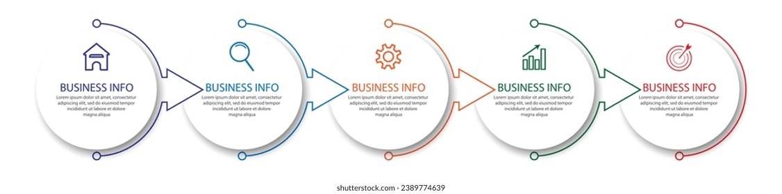 Diseño Infográfico de Negocios Simple, vector
plantilla con líneas, iconos, números y
5 opciones o pasos. Puede utilizarse para diagramas de procesos,
presentaciones, diseños de flujo de trabajo, banners, diagramas de flujo