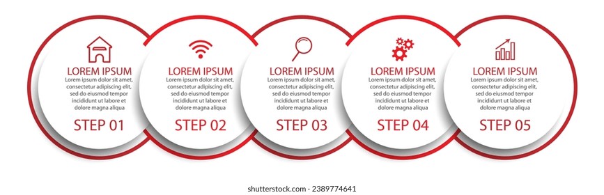Diseño Infográfico de Negocios Simple, vector
plantilla con líneas, iconos, números y
5 opciones o pasos. Puede utilizarse para diagramas de procesos,
presentaciones, diseños de flujo de trabajo, banners, diagramas de flujo