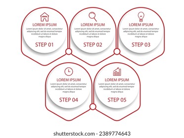 Simple Business Infographic design, vector
template with colorful lines, icons, numbers and
5 choices or steps. Can be used for process diagrams,
presentations, workflow layouts, banners, flowcharts