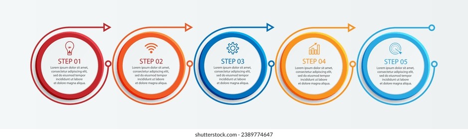 Simple Business Infographic design, vector
template with colorful lines, icons, numbers and
5 choices or steps. Can be used for process diagrams,
presentations, workflow layouts, banners, flowcharts