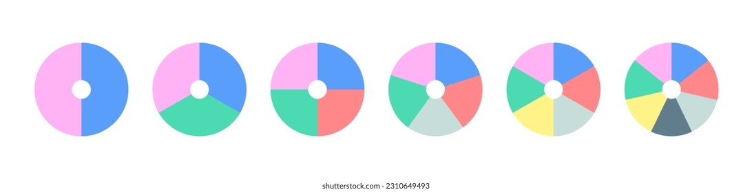 Simple business infographic pie chart collection. 2 to 7 steps vector multicolored illustration isolated on white background