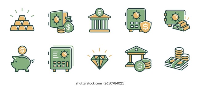 simples negócio investimento banco poupança ícone linha definir dinheiro financeiro riqueza dinheiro cofre cofre ativos preciosos ouro, diamante, caixa de dobra símbolo vetor ilustração