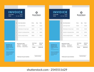 Simple business invoice template. color variation creative invoice Template Paper Sheet Include Accounting, Price, Tax, and Quantity. With color variation Vector illustration of Finance