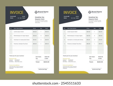 Simple business invoice template. color variation creative invoice Template Paper Sheet Include Accounting, Price, Tax, and Quantity. With color variation Vector illustration of Finance