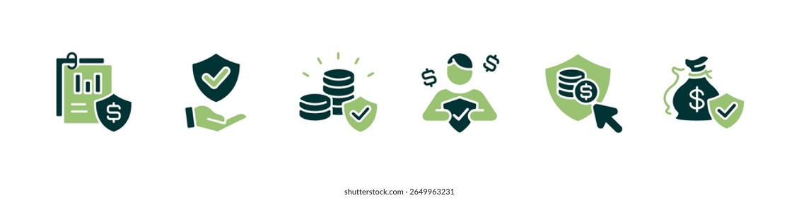 simples business life guard marca de verificação ícone de escudo de seguro definir dinheiro financeiro proteção de risco serviço sinais de vetor ilustração para web e app