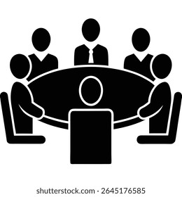 Um simples ícone de reunião de negócios com pessoas sentadas normalmente representa um design minimalista de vários indivíduos sentados em torno de uma mesa, sugerindo colaboração, discussão ou trabalho em equipe. 
