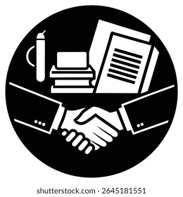 Um simples ícone de reunião de negócios com pessoas sentadas normalmente representa um design minimalista de vários indivíduos sentados em torno de uma mesa, sugerindo colaboração, discussão ou trabalho em equipe.