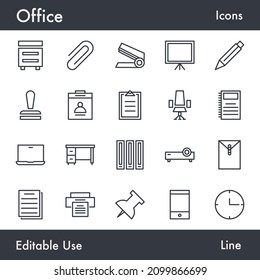 Einfaches Vektorsymbol für Geschäftsbüros. Enthält lineare Umrisssymbole wie Dokument, Laptop, Stuhl, Buch, Papier, Karte, Hinweis, Zwischenablage, Telefon, Stationerie. Bearbeitbarer Gebrauch und Schlaganfall für Infografik.