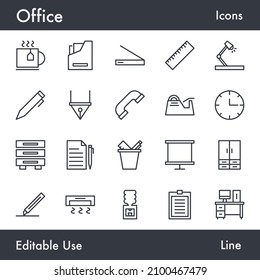 Simple Business Office vector line icon set. Contains linear outline icons like Document, Computer, Work, Clipboard, Phone, Clock, Stationery. Editable use and stroke for Infographic, Web, Print