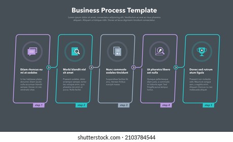 Simple business process template with five steps - dark version. Easy to use for your website or presentation.