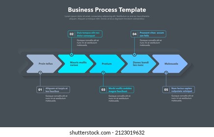 Plantilla sencilla de procesos de negocio con cinco pasos coloridos - versión oscura. Fácil de usar para su sitio web o presentación.
