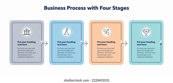 Simple business process template with four stages. Flat infographic design with minimalistic icons.