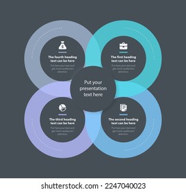 Simple business process template with four stages - dark version. Flat infographic design.