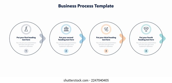 Simple plantilla de procesos de negocio con cuatro etapas coloridas. Diseño gráfico plano con iconos minimalistas.