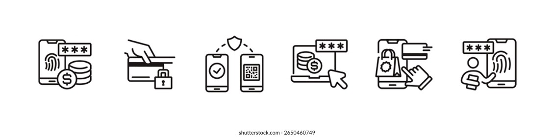 simple business secure payment money transfer icon line set financial cashless online money transfer with password security transaction signs vector outline illustration