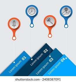 Simple business step chart infographic, point with related thin line icon, mountain climbing path, journey target aim leadership mission concept, copy space for text, editable shape and object