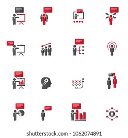 Simple business training icons set. Universal training icons to use for web and mobile UI, set of basic UI training elements
