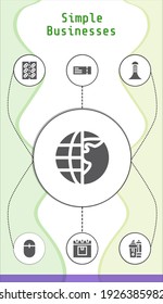 negocios simples plantilla infográfica editable con iconos de Construcción, boleto Plano, Ratón, Tableta, Entrega, globo terrestre, Resaltador