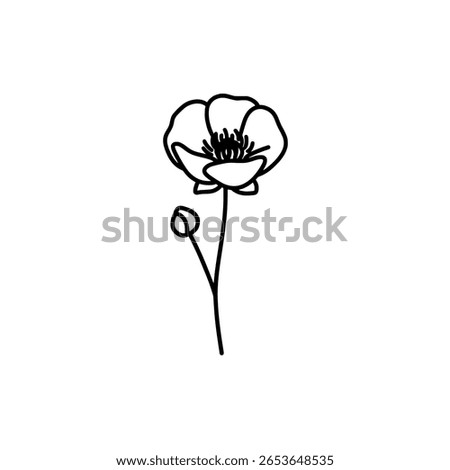 Simple buttercup or anemone flower in a clean line art style. Minimalist outline icon of a wildflower for botanical and spring designs.