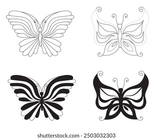 Simple butterflies. Small set in two styles, doodle and silhouette. Vector illustration on white background.