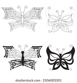 Simple butterflies. Small set in two styles, doodle and silhouette. Vector illustration on white background.