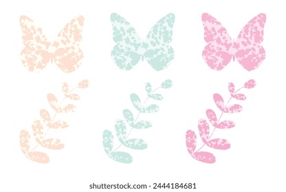 Simple butterfly and branch with leaves with texture isolated on white background. Template for design. Vector illustration