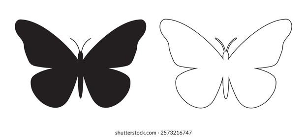 Simple butterfly icons. Monarch or chameleon symbols. Flying insect silhouettes isolated on white background. Vector graphic illustration.