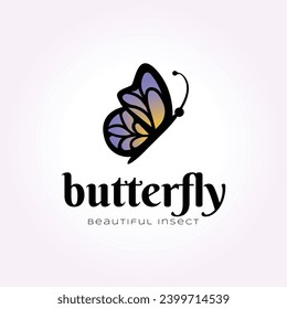 simple butterfly logo with blue wings, vintage elegant insect icon vector illustration