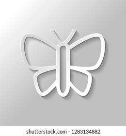 Simple butterfly logo, linear outline icon. Paper style with shadow on gray background