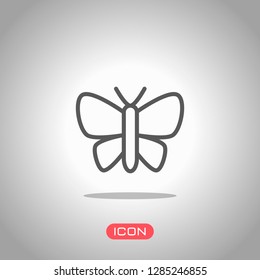 Simple butterfly logo, linear outline icon. Icon under spotlight. Gray background