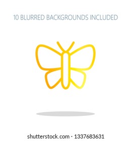 Simple butterfly logo, linear outline icon. Colorful logo concept with simple shadow on white. 10 different blurred backgrounds included