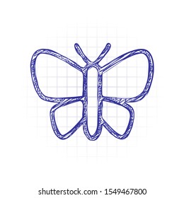 Simple butterfly logo, linear outline icon. Hand drawn sketched picture with scribble fill. Blue ink. Doodle on white background