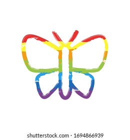 Simple butterfly logo, linear outline icon. Drawing sign with LGBT style, seven colors of rainbow (red, orange, yellow, green, blue, indigo, violet