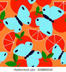 Simple butterfly and mandarin seamless pattern on orange background. Element for your dsigns, decorations, wallpaper, print, backdrop, wrapping paper, textile print.