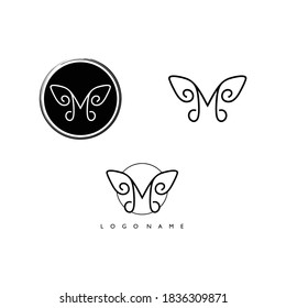 Simple butterfly monoline art logo vector. As initial M letter shape. With beautiful wings. Suitable for woman or girl cosmetic brand, beauty & fashion life style. Organic natural product brand. 