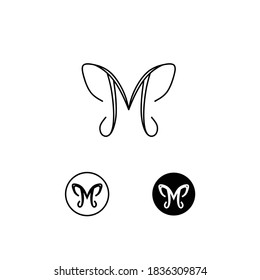 Simple butterfly monoline art logo vector. As initial M letter shape. With beautiful wings. Suitable for woman or girl cosmetic brand, beauty & fashion life style. Organic natural product brand. 