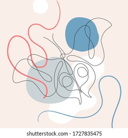 Simple butterfly one line drawing on minimal cubism shapes background. Abstract insect continuous line art. Hand drawn illustration in trendy outline style. Vector sketch for modern design