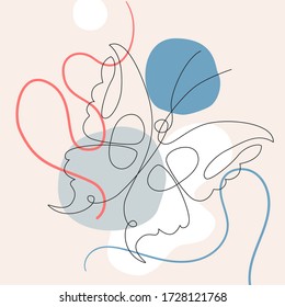 Simple butterfly one line drawing on minimal cubism shapes background. Abstract insect continuous line art. Hand drawn illustration in trendy outline style. Vector sketch for modern design