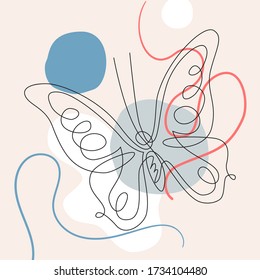 Simple mariposa de una línea dibujando con un mínimo de formas de cubismo de fondo. Resumen del arte de línea continua de insectos. Ilustración dibujada a mano en el estilo de contorno de moda. Esbozo de vectores para diseño moderno