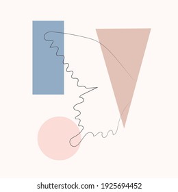 Simple butterfly one line drawing on minimal cubism shapes background. Abstract insect continuous line art. Hand drawn illustration in trendy outline style