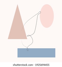 Simple butterfly one line drawing on minimal cubism shapes background. Abstract insect continuous line art. Hand drawn illustration in trendy outline style
