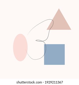 Simple butterfly one line drawing on minimal cubism shapes background. Abstract insect continuous line art. Hand drawn illustration in trendy outline style