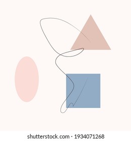 Simple butterfly one line drawing on minimal cubism shapes background. Abstract insect continuous line art. Hand drawn illustration in trendy outline style