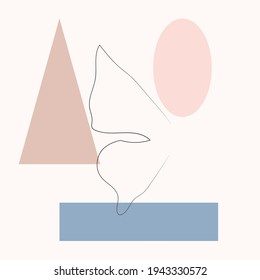 Simple butterfly one line drawing on minimal cubism shapes background. Abstract insect continuous line art. Hand drawn illustration in trendy outline style