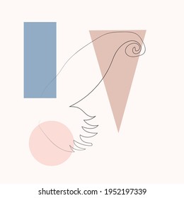 Simple butterfly one line drawing on minimal cubism shapes background. Abstract insect continuous line art. Hand drawn illustration in trendy outline style