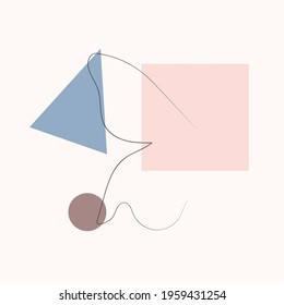 Simple butterfly one line drawing on minimal cubism shapes background. Abstract insect continuous line art. Hand drawn illustration in trendy outline style