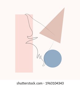 Simple butterfly one line drawing on minimal cubism shapes background. Abstract insect continuous line art. Hand drawn illustration in trendy outline style